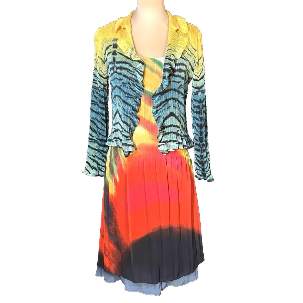 Vintage Caeliann Boho Chic Bold Sleeveless Crinkle Dress & Jacket 2000s